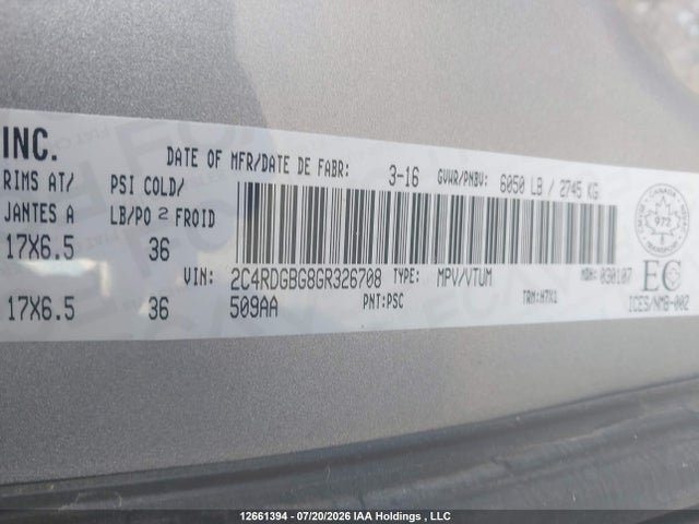 2016 Dodge Grand Caravan Se/sxt მანქანა იყიდება აუქციონზე, vin: 2C4RDGBG8GR326708, აუქციონის ნომერი: 12661394