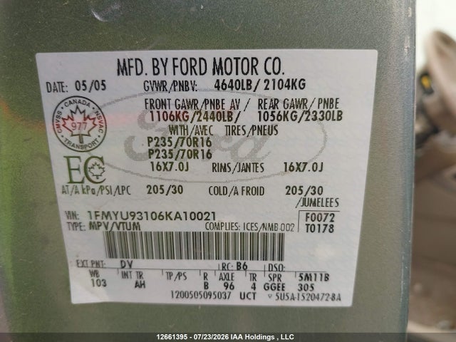 2006 Ford Escape Xlt მანქანა იყიდება აუქციონზე, vin: 1FMYU93106KA10021, აუქციონის ნომერი: 12661395