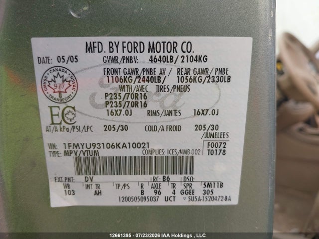 2006 Ford Escape Xlt მანქანა იყიდება აუქციონზე, vin: 1FMYU93106KA10021, აუქციონის ნომერი: 12661395