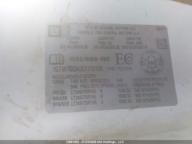 Aukcja sprzedaży 2012 Gmc Savana 2500 Standard, vin: 1GTW7GCA0C1112153, numer aukcji: 12661402