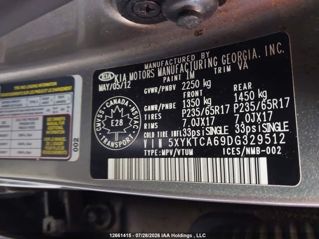 12661415 :رقم المزاد ، 5XYKTCA69DG329512 vin ، 2013 Kia Sorento Lx مزاد بيع