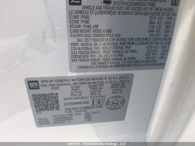 12661431 :رقم المزاد ، 3GCPDCED8NG517582 vin ، 2022 Chevrolet Silverado K1500 Trail Boss Custom مزاد بيع