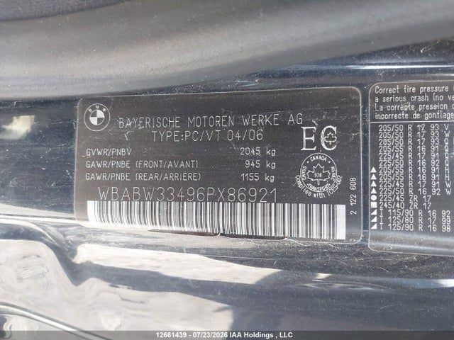 12661439 :رقم المزاد ، WBABW33496PX86921 vin ، 2006 Bmw 325ci مزاد بيع