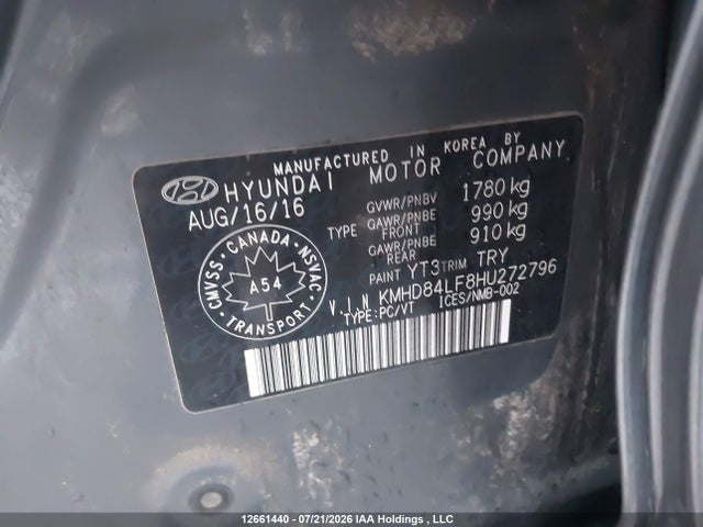 12661440 :رقم المزاد ، KMHD84LF8HU272796 vin ، 2017 Hyundai Elantra Gl مزاد بيع
