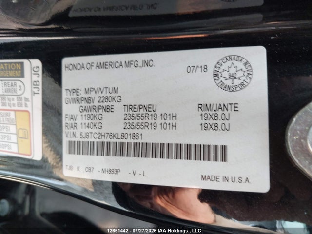 Aukcja sprzedaży 2019 Acura Rdx, vin: 5J8TC2H76KL801861, numer aukcji: 12661442