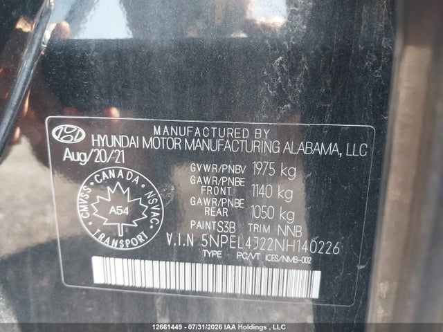 Продаж на аукціоні авто 2022 Hyundai Sonata Sel, vin: 5NPEL4J22NH140226, номер лоту: 12661449