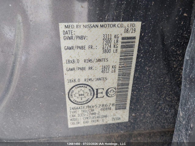 12661450 :رقم المزاد ، 1N6AA1EJ9KN528678 vin ، 2019 Nissan Titan Platinum/pro-4x/s/sl Midnight Edition/sv/sv Midnight Edition مزاد بيع