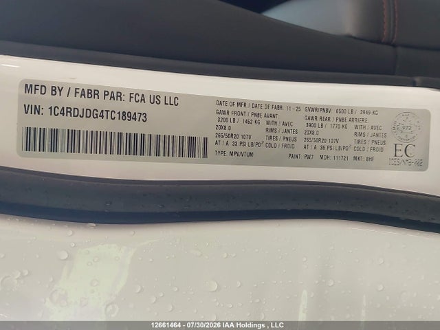 Aukcja sprzedaży 2026 Dodge Durango Gt, vin: 1C4RDJDG4TC189473, numer aukcji: 12661464