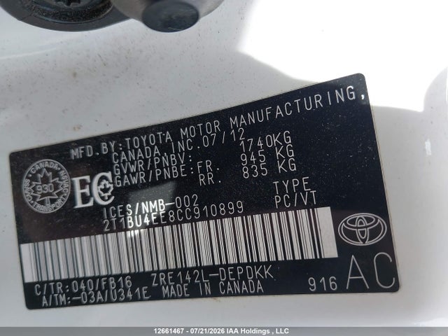 12661467 :رقم المزاد ، 2T1BU4EE8CC910899 vin ، 2012 Toyota Corolla Ce مزاد بيع