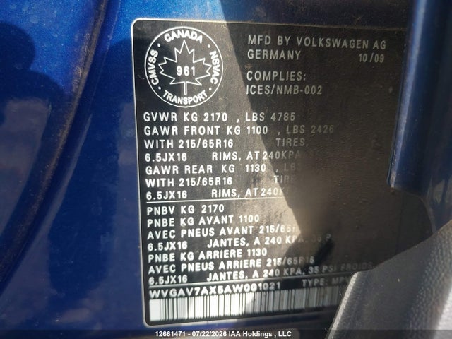Продажа на аукционе авто 2010 Volkswagen Tiguan, vin: WVGAV7AX5AW001021, номер лота: 12661471