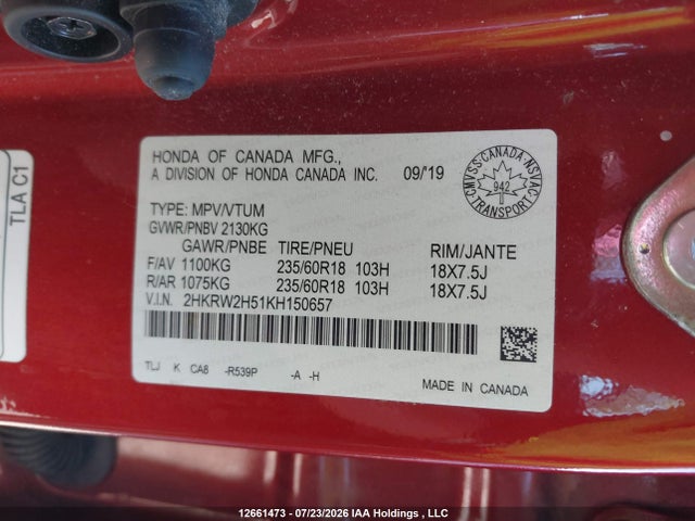 Продажа на аукционе авто 2019 Honda Cr-v Ex, vin: 2HKRW2H51KH150657, номер лота: 12661473