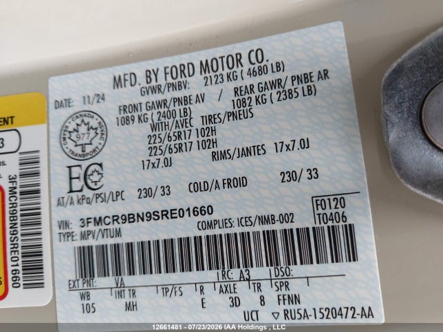12661481 :رقم المزاد ، 3FMCR9BN9SRE01660 vin ، 2025 Ford Bronco Sport Big Bend مزاد بيع