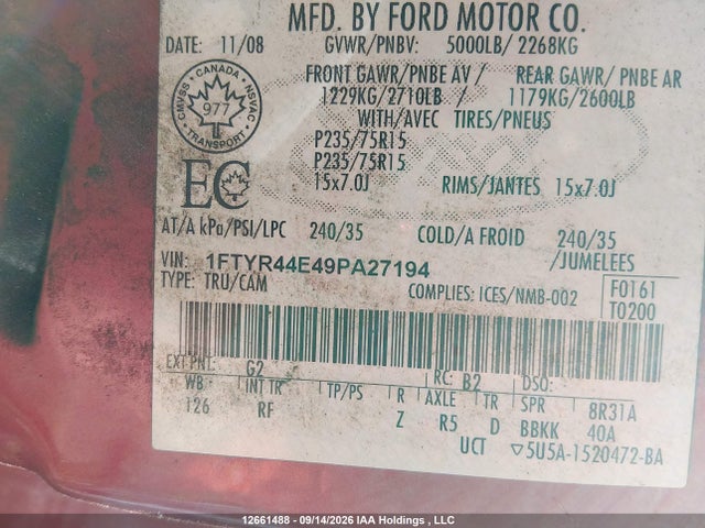 Aukcja sprzedaży 2009 Ford Ranger, vin: 1FTYR44E49PA27194, numer aukcji: 12661488