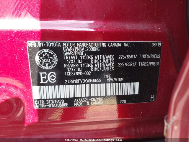 2T3W1RFV3KW046659 Toyota Rav4 Xle/xle Premium