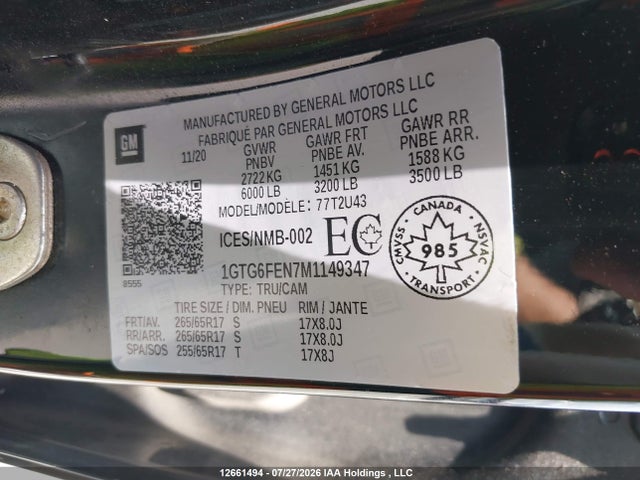 2021 Gmc Canyon მანქანა იყიდება აუქციონზე, vin: 1GTG6FEN7M1149347, აუქციონის ნომერი: 12661494