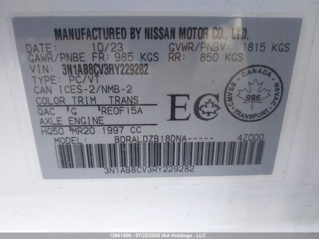 Aukcja sprzedaży 2024 Nissan Sentra Sv, vin: 3N1AB8CV3RY229282, numer aukcji: 12661500