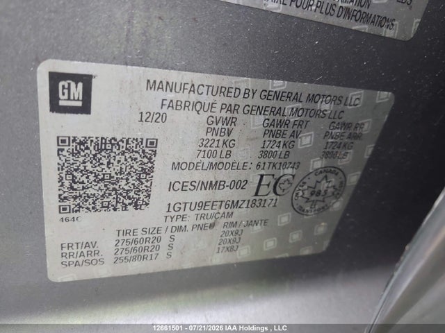 12661501 :رقم المزاد ، 1GTU9EET6MZ183171 vin ، 2021 Gmc Sierra K1500 At4 مزاد بيع