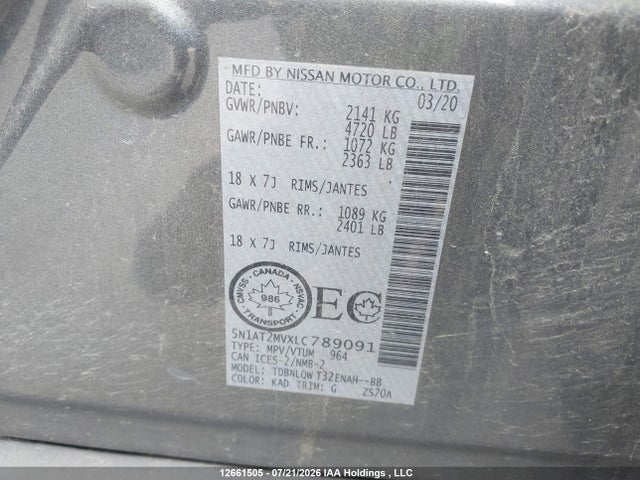 2020 Nissan Rogue S/sl/sv მანქანა იყიდება აუქციონზე, vin: 5N1AT2MVXLC789091, აუქციონის ნომერი: 12661505