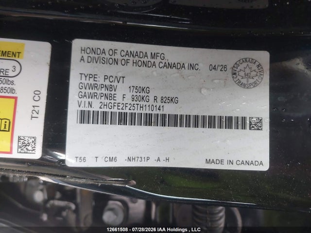 Продаж на аукціоні авто 2026 Honda Civic, vin: 2HGFE2F25TH110141, номер лоту: 12661508