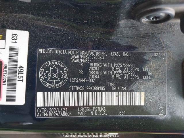 2009 Toyota Tundra Crewmax Limited მანქანა იყიდება აუქციონზე, vin: 5TFDV58199X089195, აუქციონის ნომერი: 12661512