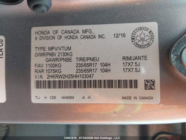 12661519 :رقم المزاد ، 2HKRW2H25HH103047 vin ، 2017 Honda Cr-v Lx مزاد بيع