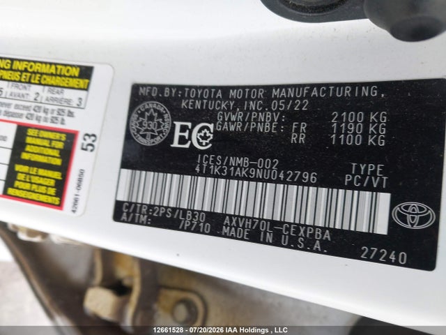2022 Toyota Camry Hybrid Xse მანქანა იყიდება აუქციონზე, vin: 4T1K31AK9NU042796, აუქციონის ნომერი: 12661528