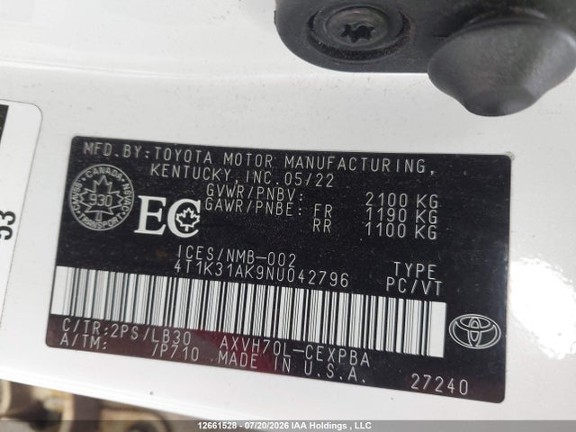2022 Toyota Camry Hybrid Xse მანქანა იყიდება აუქციონზე, vin: 4T1K31AK9NU042796, აუქციონის ნომერი: 12661528