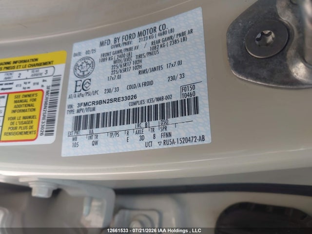 12661533 :رقم المزاد ، 3FMCR9BN2SRE33026 vin ، 2025 Ford Bronco Sport Big Bend مزاد بيع