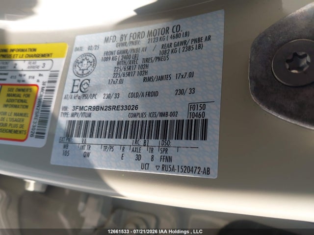 12661533 :رقم المزاد ، 3FMCR9BN2SRE33026 vin ، 2025 Ford Bronco Sport Big Bend مزاد بيع