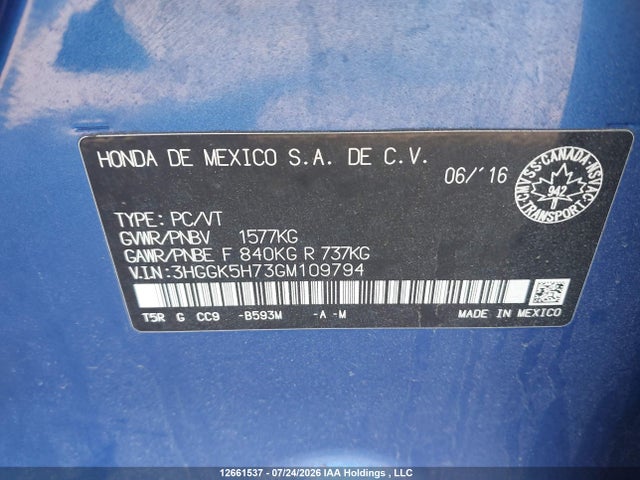 Продаж на аукціоні авто 2016 Honda Fit, vin: 3HGGK5H73GM109794, номер лоту: 12661537