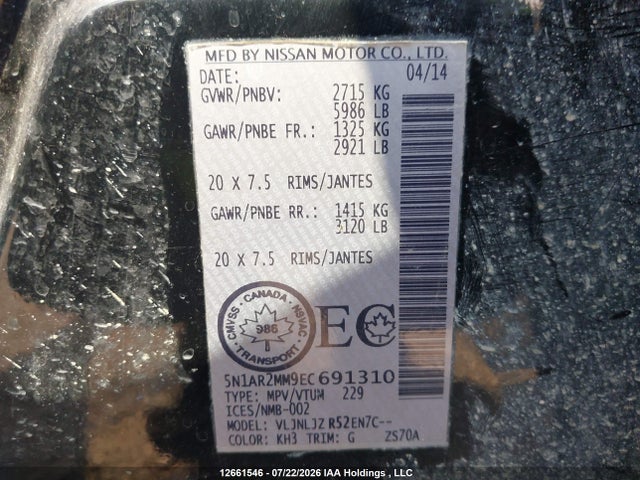 Aukcja sprzedaży 2014 Nissan Pathfinder S/sv/sl/platinum, vin: 5N1AR2MM9EC691310, numer aukcji: 12661546