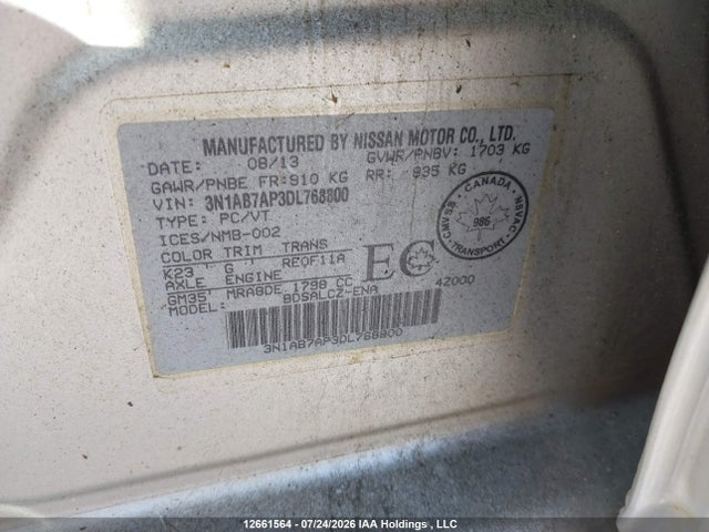 12661564 :رقم المزاد ، 3N1AB7AP3DL768800 vin ، 2013 Nissan Sentra S/sv/sr/sl مزاد بيع