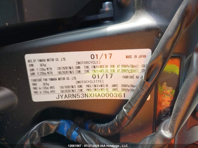 12661567 :رقم المزاد ، JYARN53NXHA000361 vin ، 2017 Yamaha Fz09 مزاد بيع