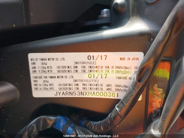 12661567 :رقم المزاد ، JYARN53NXHA000361 vin ، 2017 Yamaha Fz09 مزاد بيع