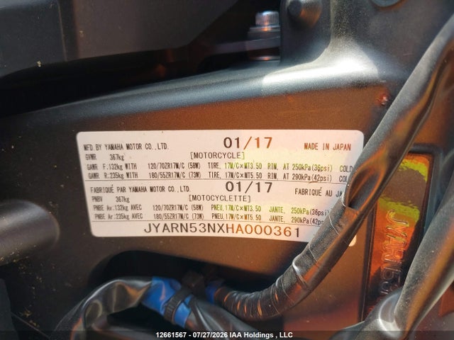 12661567 :رقم المزاد ، JYARN53NXHA000361 vin ، 2017 Yamaha Fz09 مزاد بيع