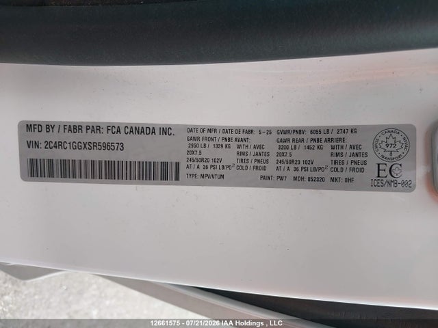 2C4RC1GGXSR596573 Chrysler Pacifica Limited