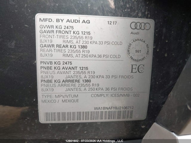 Продаж на аукціоні авто 2018 Audi Q5 2.0t Progressiv, vin: WA1BNAFY8J2106712, номер лоту: 12661602