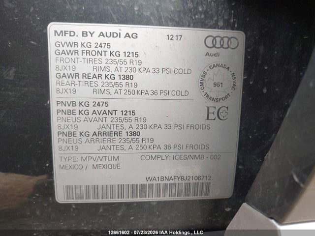 Продаж на аукціоні авто 2018 Audi Q5 2.0t Progressiv, vin: WA1BNAFY8J2106712, номер лоту: 12661602