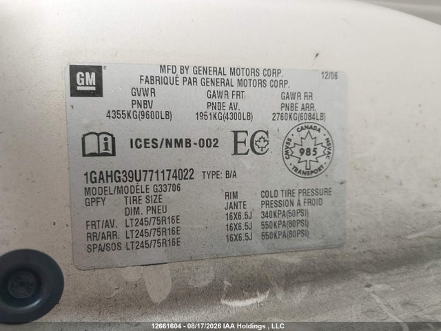 2007 Chevrolet Express Ls/lt მანქანა იყიდება აუქციონზე, vin: 1GAHG39U771174022, აუქციონის ნომერი: 12661604