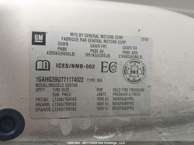 2007 Chevrolet Express Ls/lt მანქანა იყიდება აუქციონზე, vin: 1GAHG39U771174022, აუქციონის ნომერი: 12661604