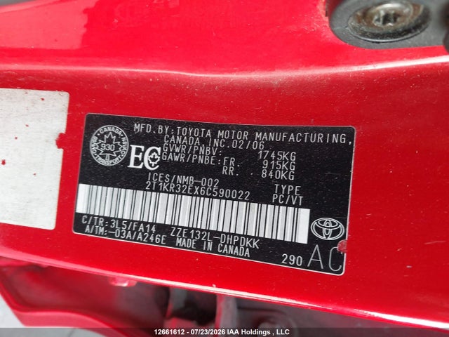2006 Toyota Matrix Xr/xrs მანქანა იყიდება აუქციონზე, vin: 2T1KR32EX6C590022, აუქციონის ნომერი: 12661612