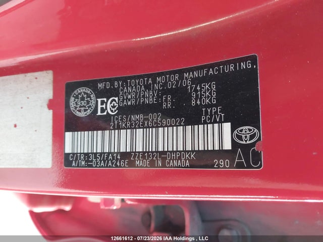 2006 Toyota Matrix Xr/xrs მანქანა იყიდება აუქციონზე, vin: 2T1KR32EX6C590022, აუქციონის ნომერი: 12661612