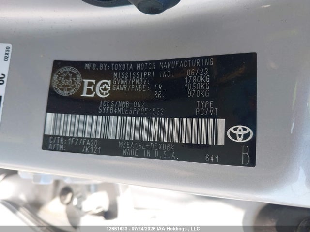 2023 Toyota Corolla L მანქანა იყიდება აუქციონზე, vin: 5YFB4MDE5PP051522, აუქციონის ნომერი: 12661633