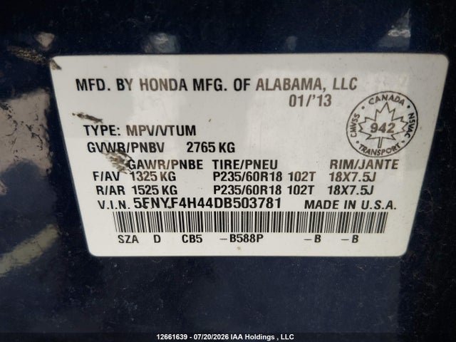 2013 Honda Pilot Ex მანქანა იყიდება აუქციონზე, vin: 5FNYF4H44DB503781, აუქციონის ნომერი: 12661639