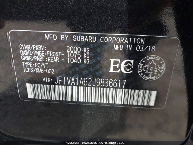 Subaru WRX 2018 JF1VA1A62J9836617 Image 9