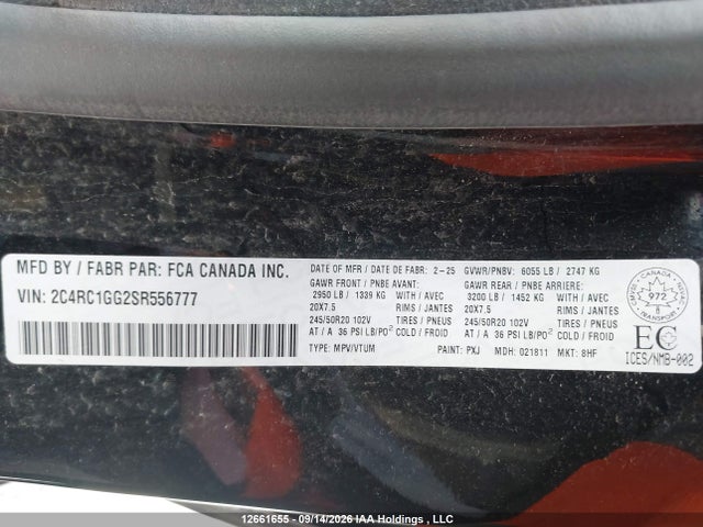 2025 Chrysler Pacifica Limited მანქანა იყიდება აუქციონზე, vin: 2C4RC1GG2SR556777, აუქციონის ნომერი: 12661655