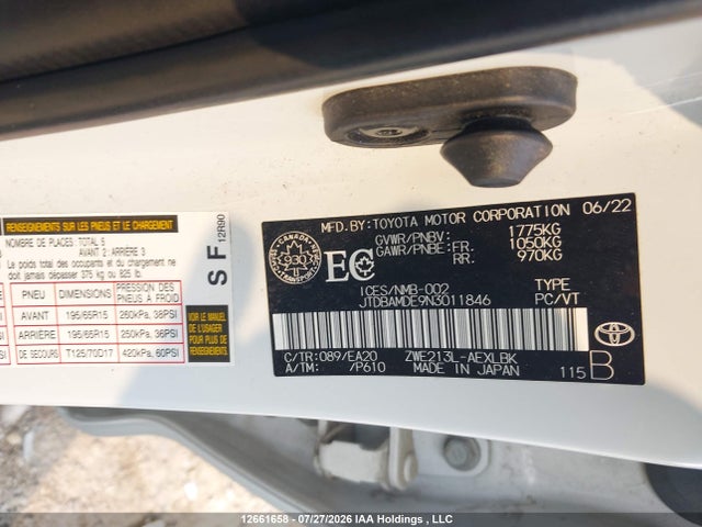 Toyota Corolla 2022 JTDBAMDE9N3011846 Image 9