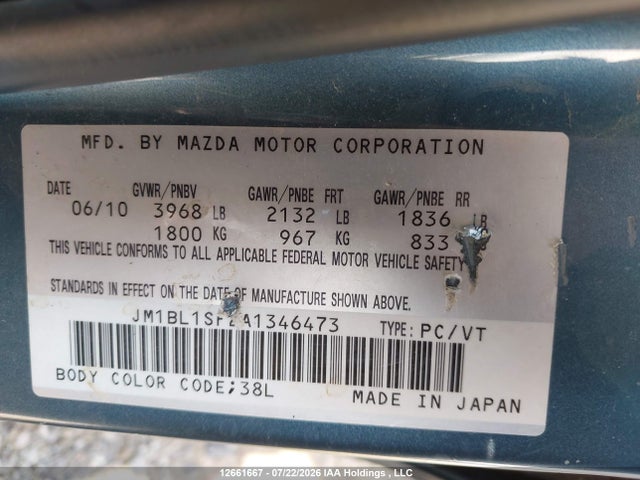 12661667 :رقم المزاد ، JM1BL1SF2A1346473 vin ، 2010 Mazda Mazda3 Gs/gx مزاد بيع