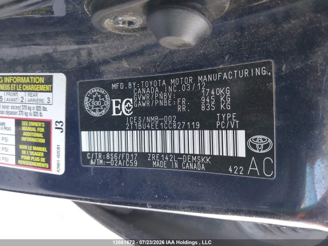 12661672 :رقم المزاد ، 2T1BU4EE1CC827119 vin ، 2012 Toyota Corolla S مزاد بيع