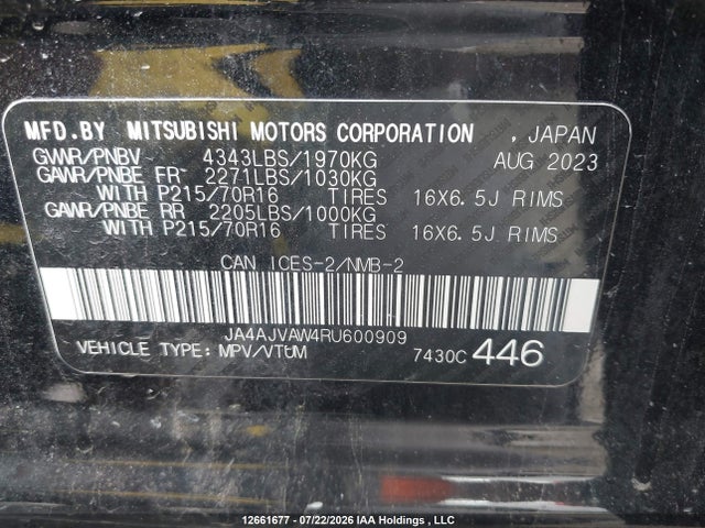Продаж на аукціоні авто 2024 Mitsubishi Rvr Se/sel/noir/gt, vin: JA4AJVAW4RU600909, номер лоту: 12661677